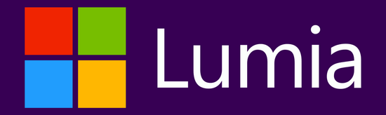 Barevné logo finsko americké firmy Microsoft Lumia na fialovém pozadí - vložené v článku