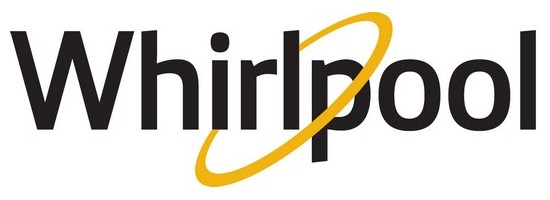 Černé logo s žlutým kroužkem na bílém pozadí Americké firmy Whirlpool vyrábějící pračky a sušičky - vložené v článku
